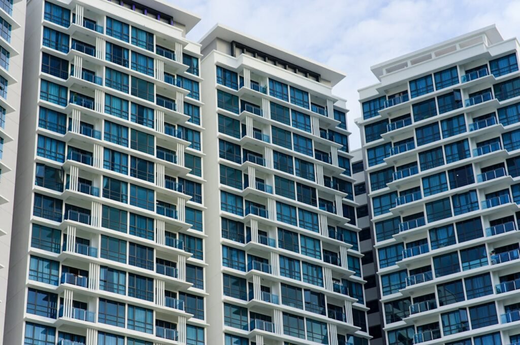 Cityscape of a residential area with modern apartment buildings,